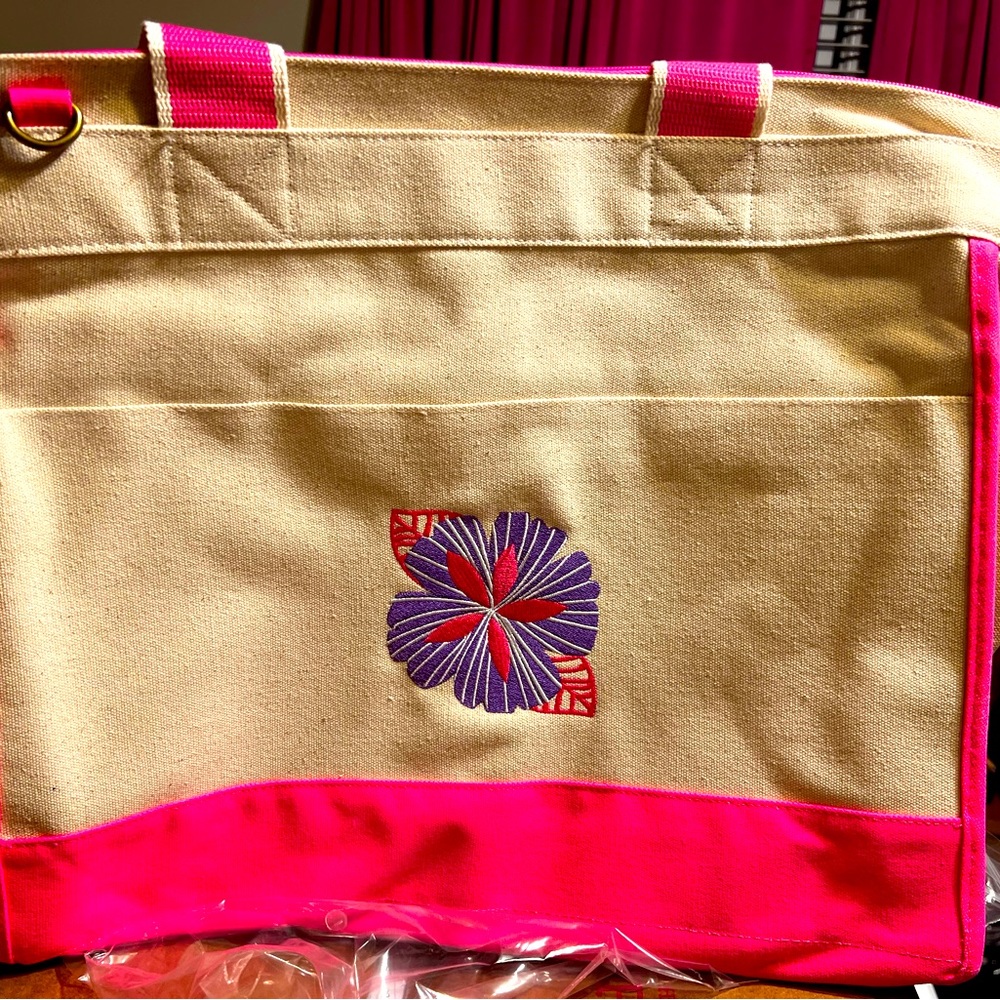 Neon Pink Colorblock Canvas Boat Tote with purple and pink flower embroidered